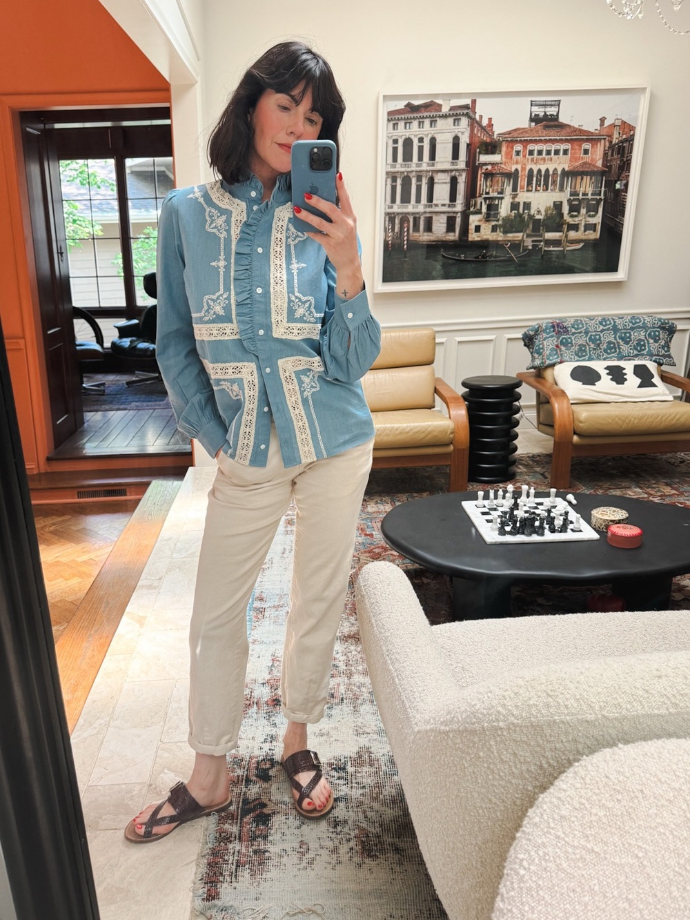 SEZANE Blue Ecru Lace Embroidered High Collar Button Down Chambray Ulysse Shirt - Picture 4 of 16